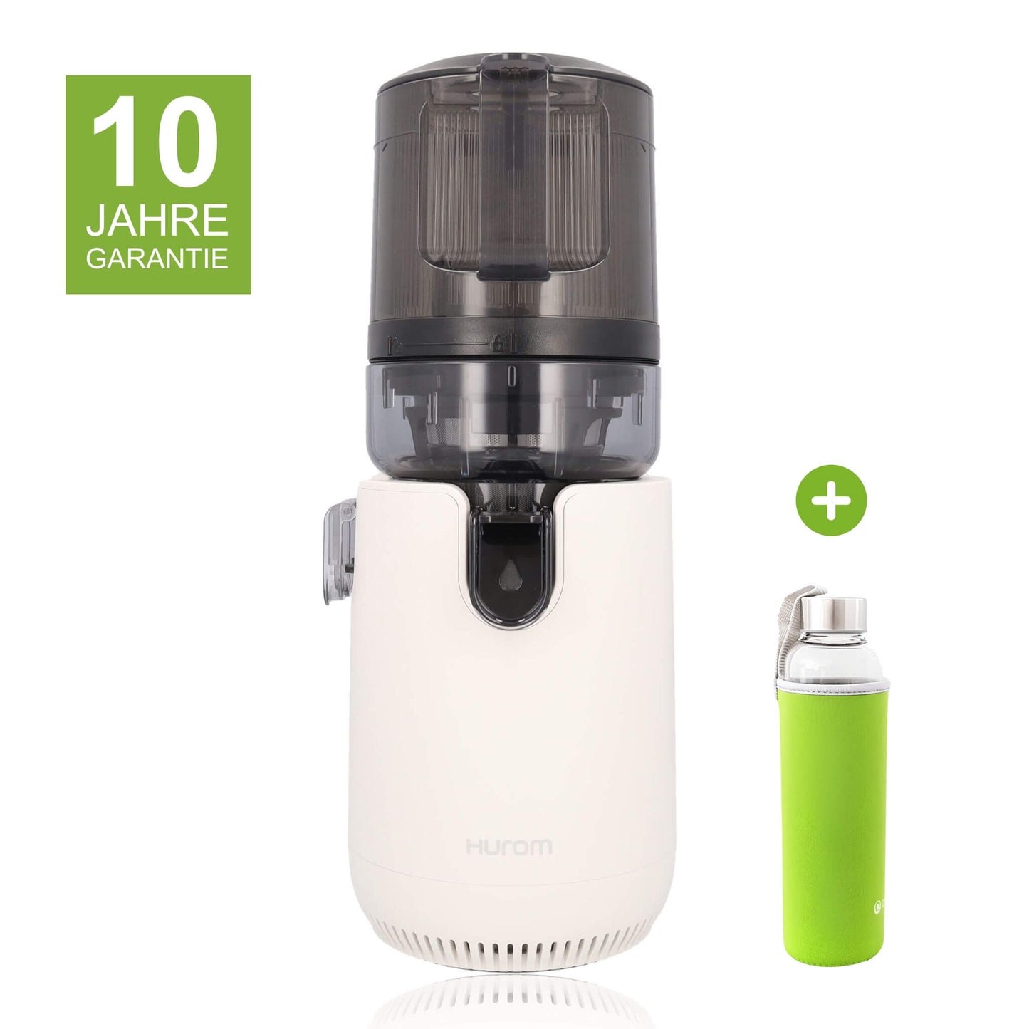 Hurom E50-ST in Weiß mit 10 Jahren Garantie und einer Glasflasche mit grünem Neopren-Sleeve als Gratisbeigabe