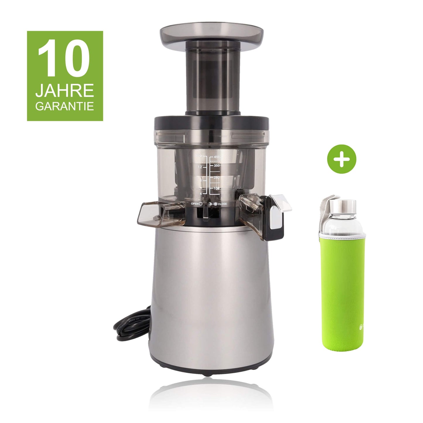 Hurom H-AA mit 10 Jahren Garantie und einer Glasflasche mit grünem Neopren-Sleeve als Gratisbeigabe