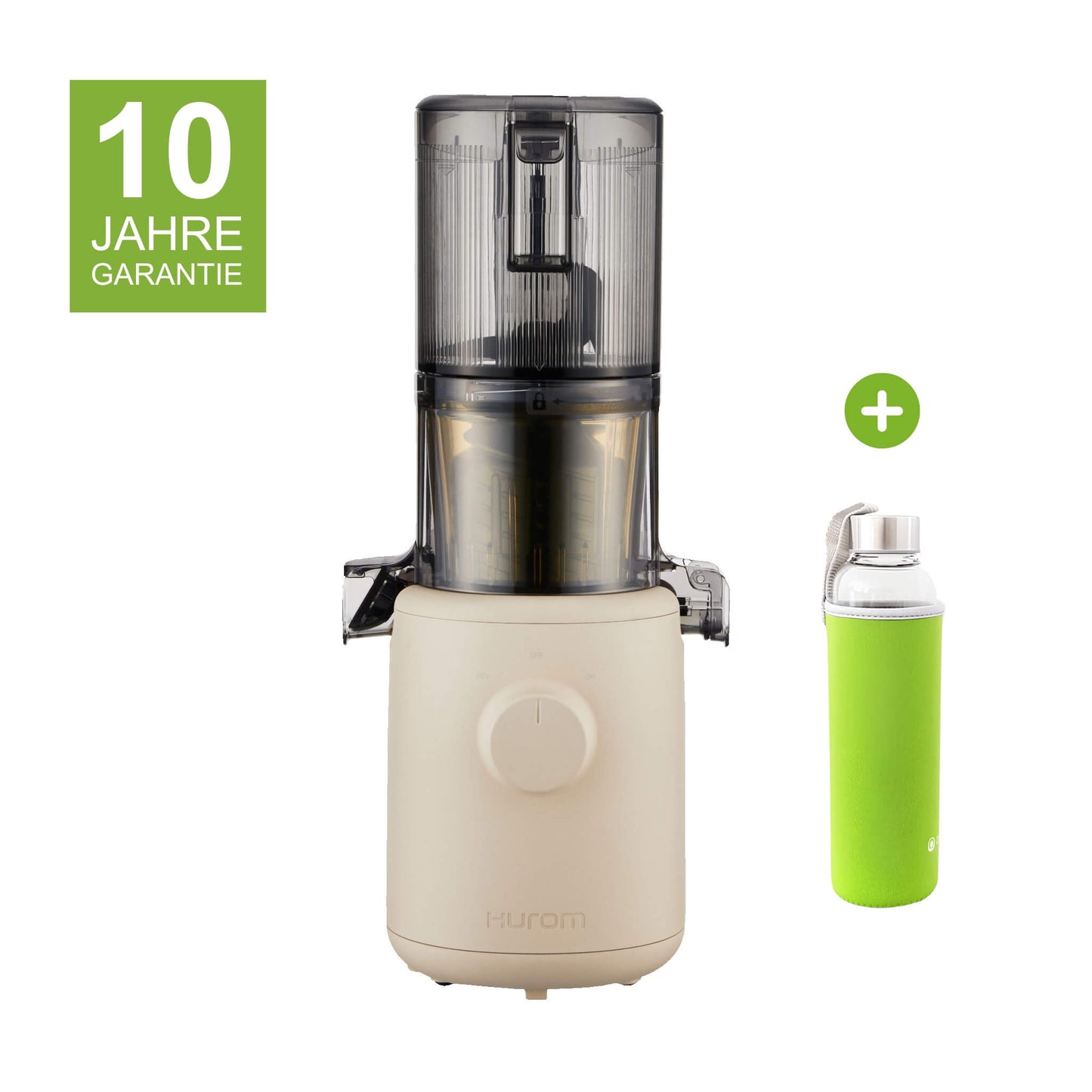 Hurom H310A in Beige mit 10 Jahren Garantie und Glasflasche mit grünem Neopren-Sleeve als Gratisbeigabe