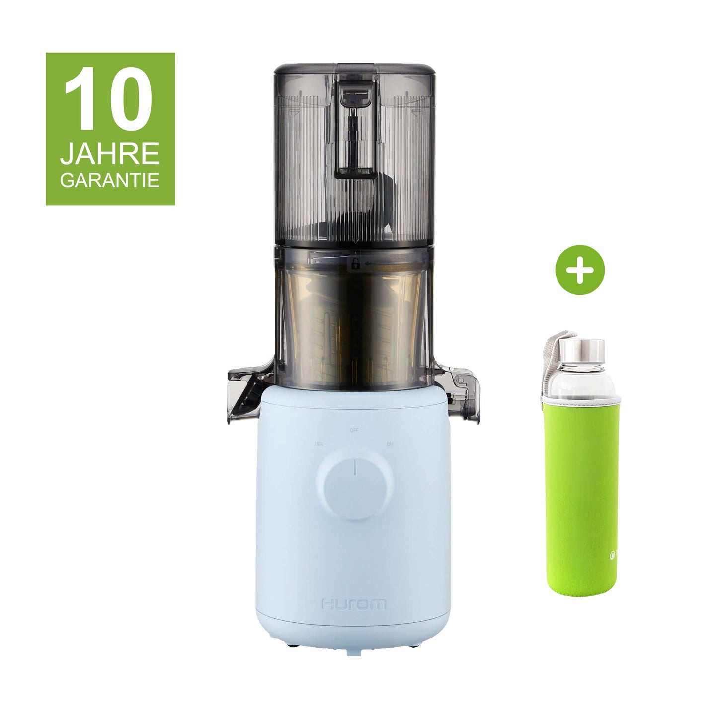 Hurom H310A in Blau mit 10 Jahren Garantie und Glasflasche mit grünem Neopren-Sleeve als Gratisbeigabe