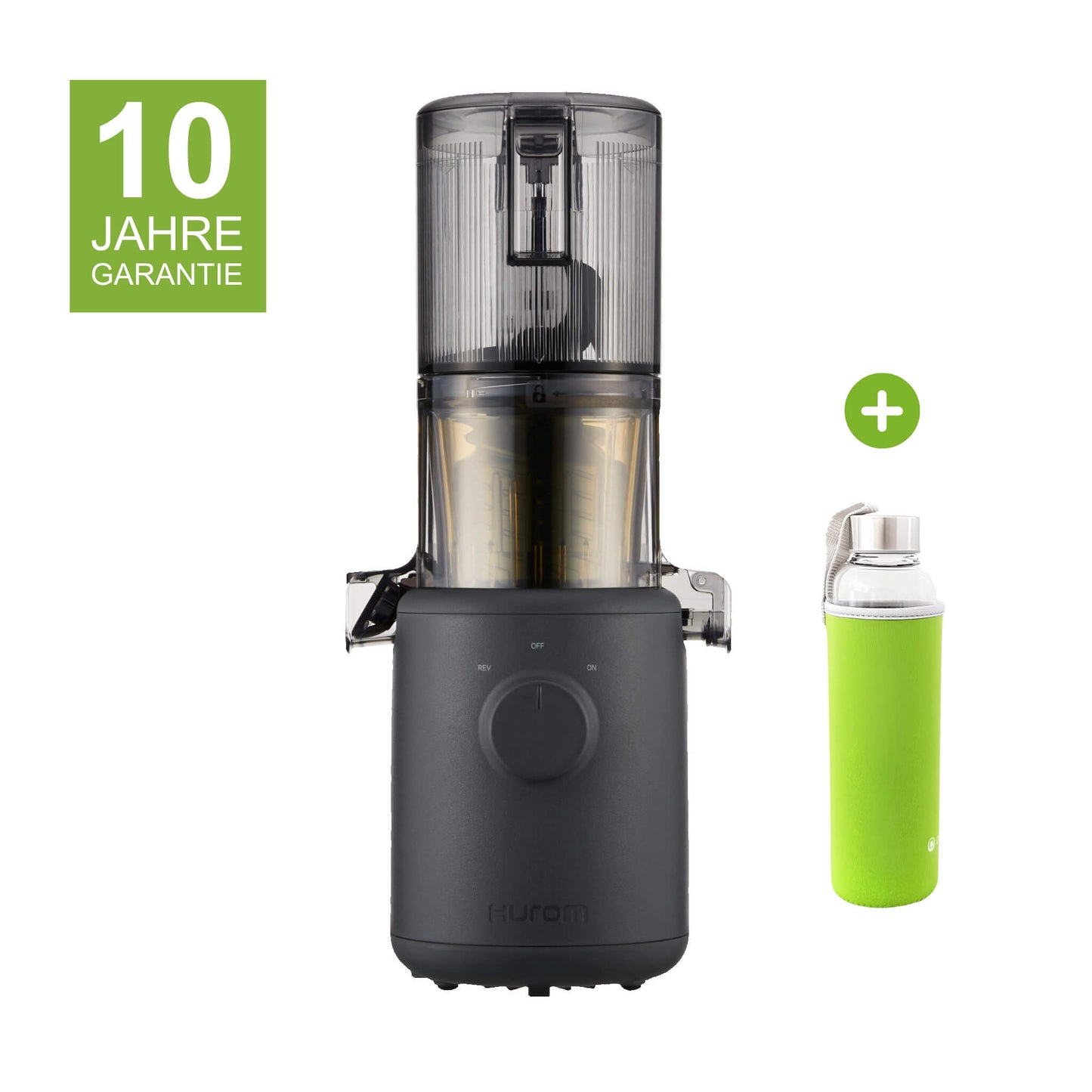 Hurom H310A in Schwarz mit 10 Jahren Garantie und Glasflasche mit grünem Neopren-Sleeve als Gratisbeigabe