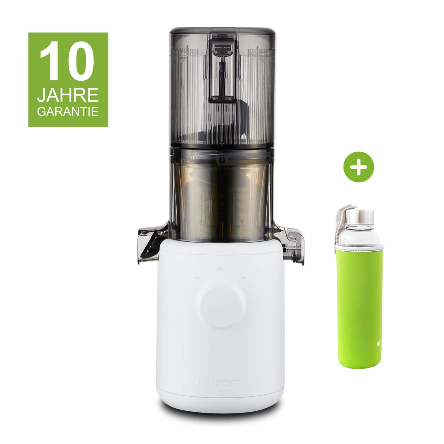 Hurom H310A in Weiß mit 10 Jahren Garantie und Glasflasche mit grünem Neopren-Sleeve als Gratisbeigabe