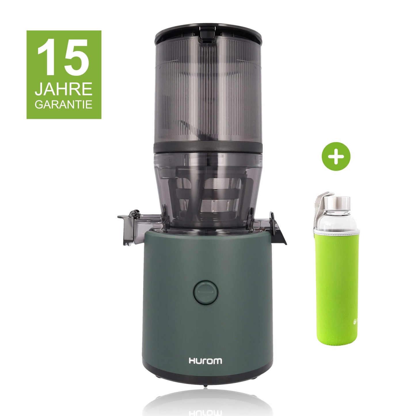 Hurom H320N in Dunkelgrün mit 15 Jahren Garantie und einer Glasflasche mit grünem Neopren-Sleeve als Gratisbeigabe