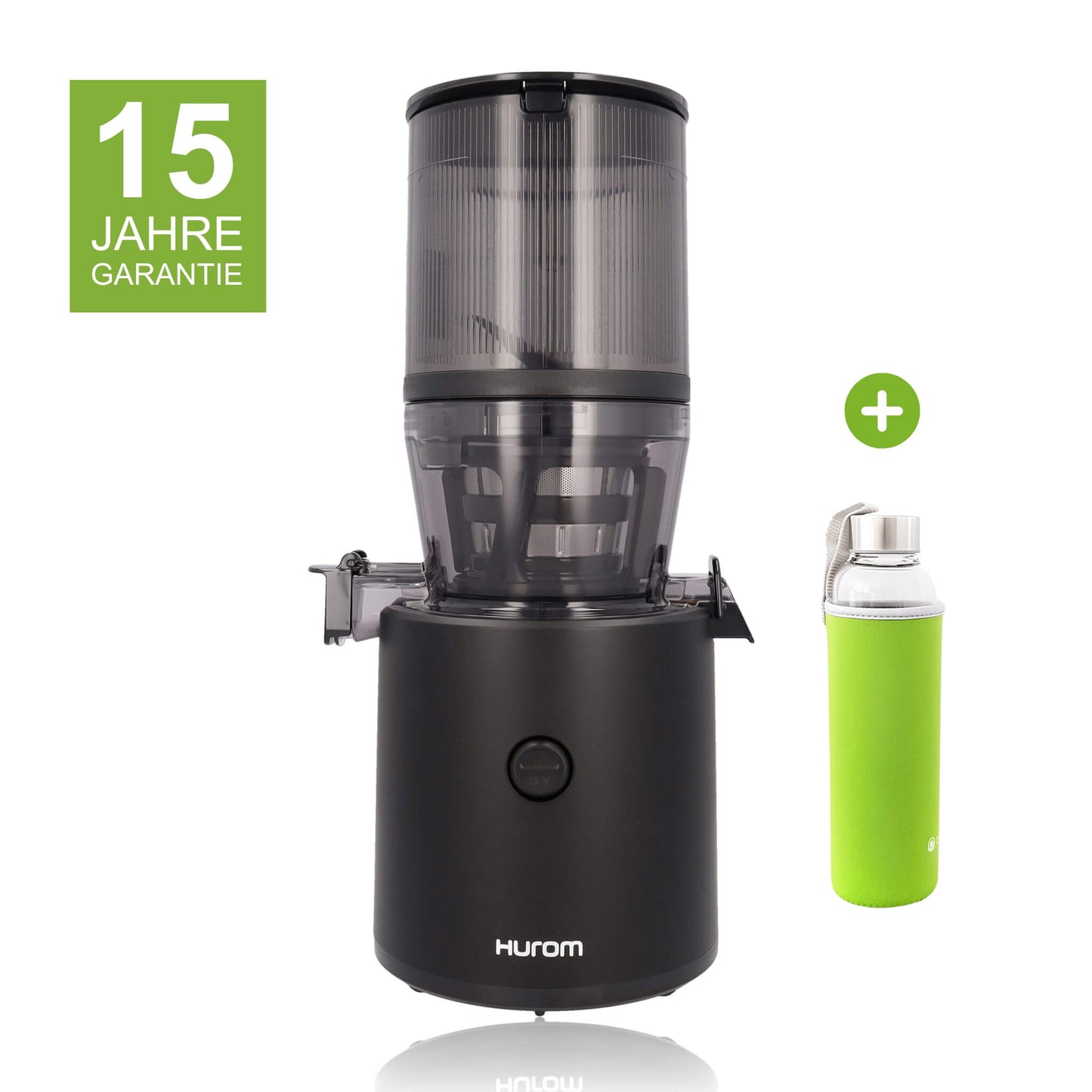 Hurom H320N in Schwarz mit 15 Jahren Garantie und einer Glasflasche mit grünem Neopren-Sleeve als Gratisbeigabe
