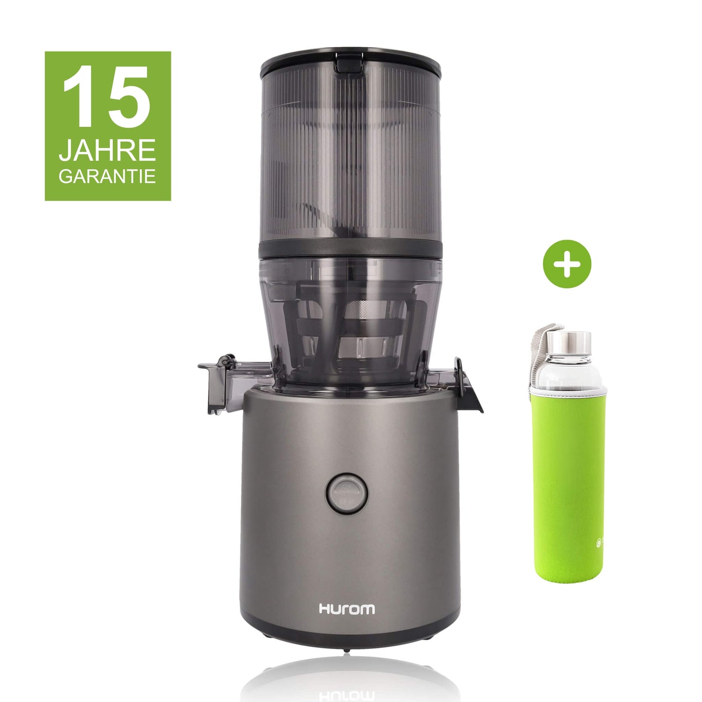 Hurom H320N in Titan Grau mit 15 Jahren Garantie und einer Glasflasche mit grünem Neopren-Sleeve als Gratisbeigabe