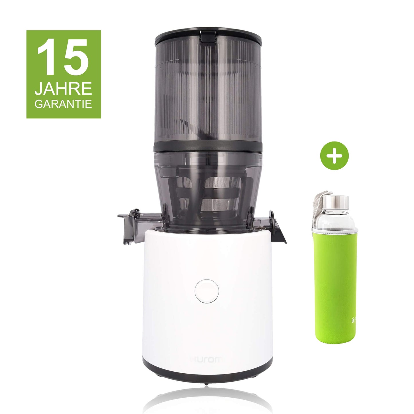 Hurom H320N in Weiß mit 15 Jahren Garantie und einer Glasflasche mit grünem Neopren-Sleeve als Gratisbeigabe