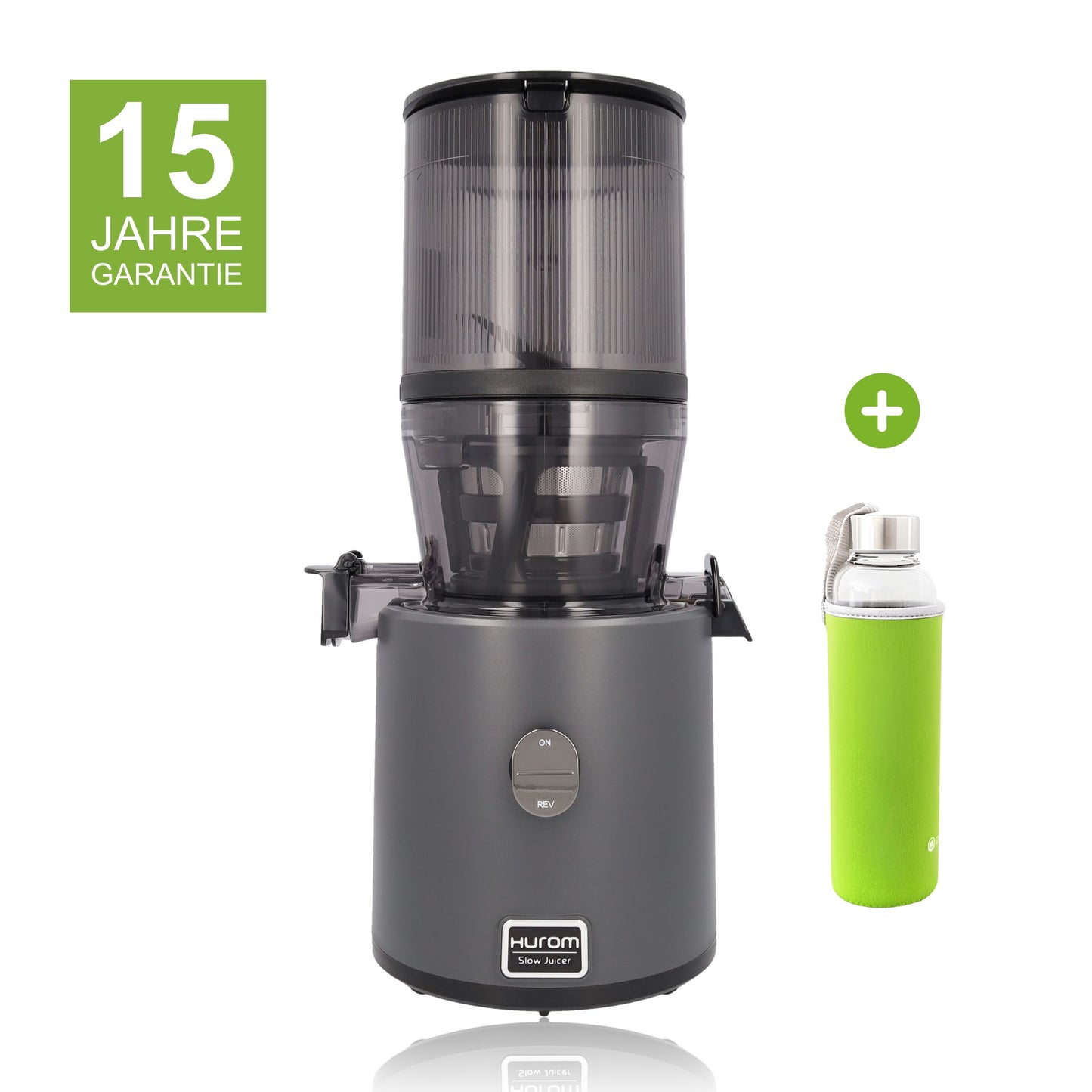 Hurom H330P in Anthrazit mit 15 Jahren Garantie und einer Glasflasche mit grünem Neopren-Sleeve als Gratisbeigabe
