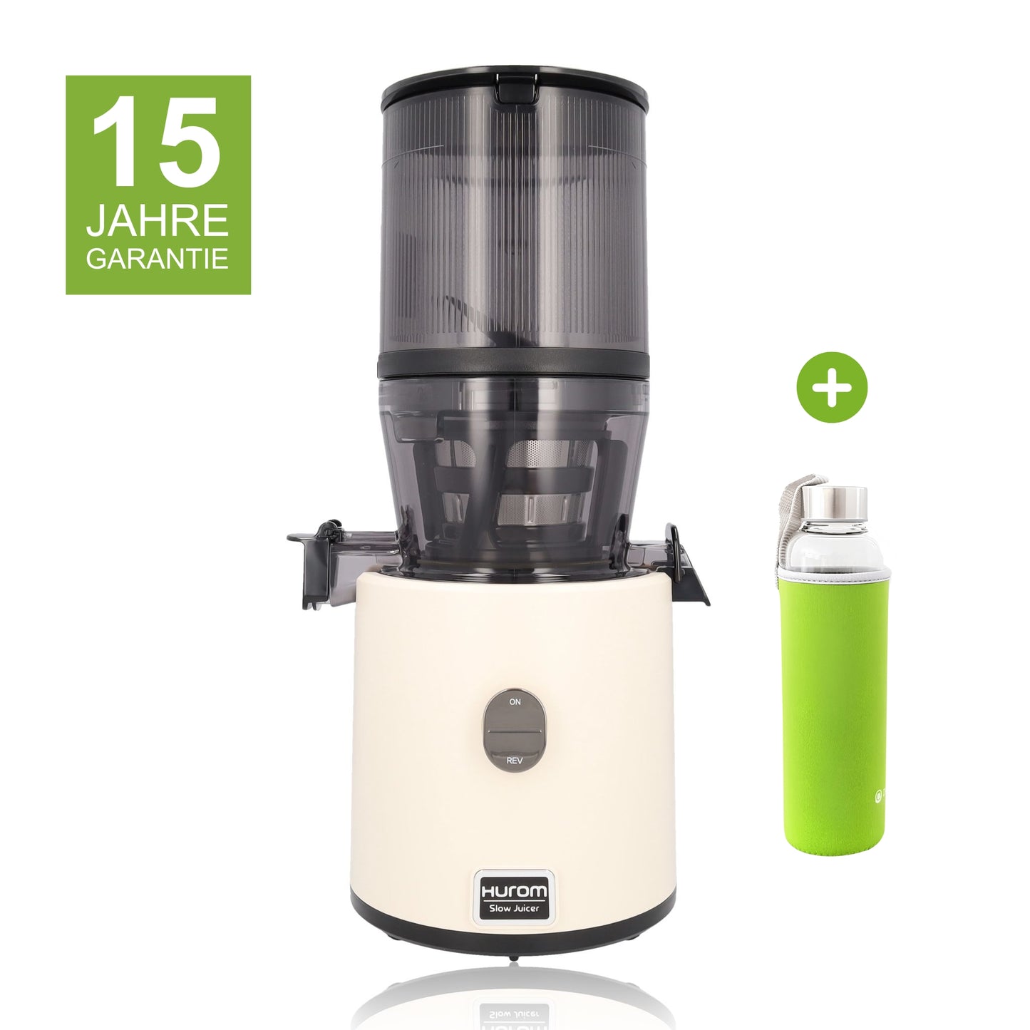 Hurom H330P in Creme mit 15 Jahren Garantie und einer Glasflasche mit grünem Neopren-Sleeve als Gratisbeigabe