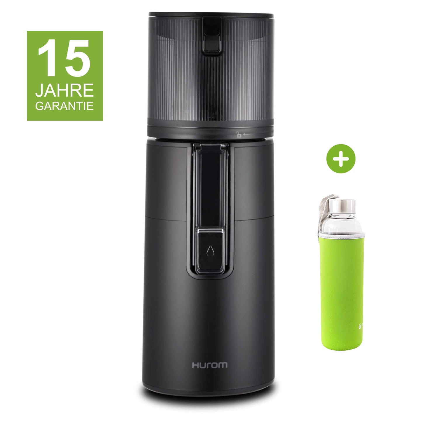 Hurom H400 in Schwarz mit 15 Jahren Garantie und einer Glasflasche mit grünem Neopren-Sleeve als Gratisbeigabe