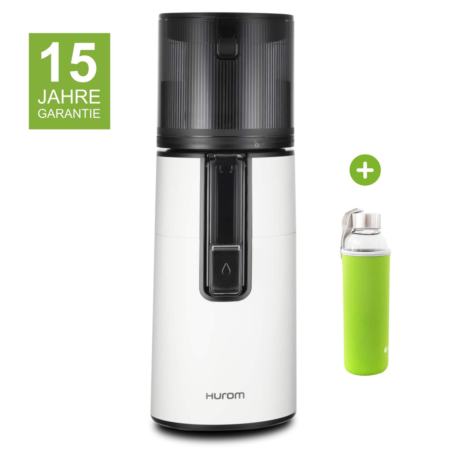 Hurom H400 in Weiß mit 15 Jahren Garantie und einer Glasflasche mit grünem Neopren-Sleeve als Gratisbeigabe