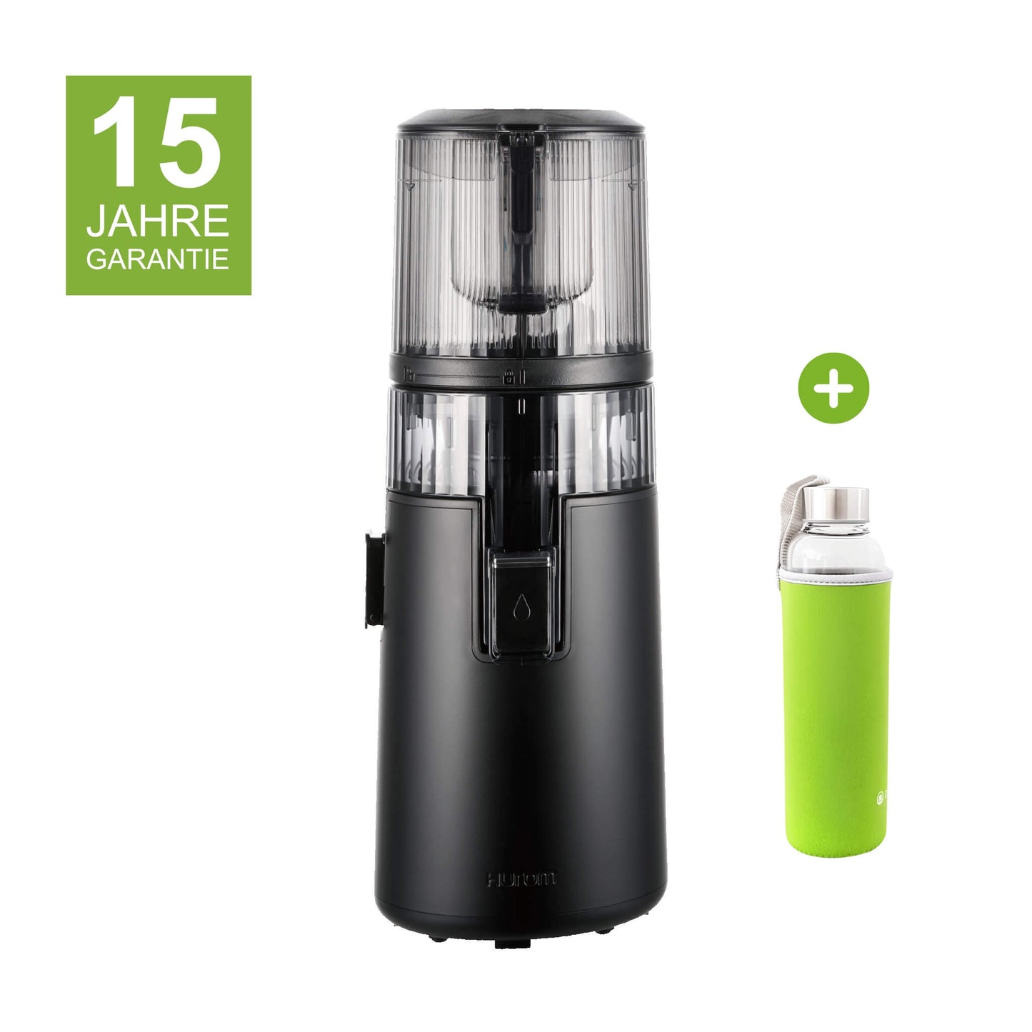 Hurom H70-FT in Schwarz mit 15 Jahren Garantie und einer Glasflasche mit grünem Neopren-Sleeve als Gratisbeigabe