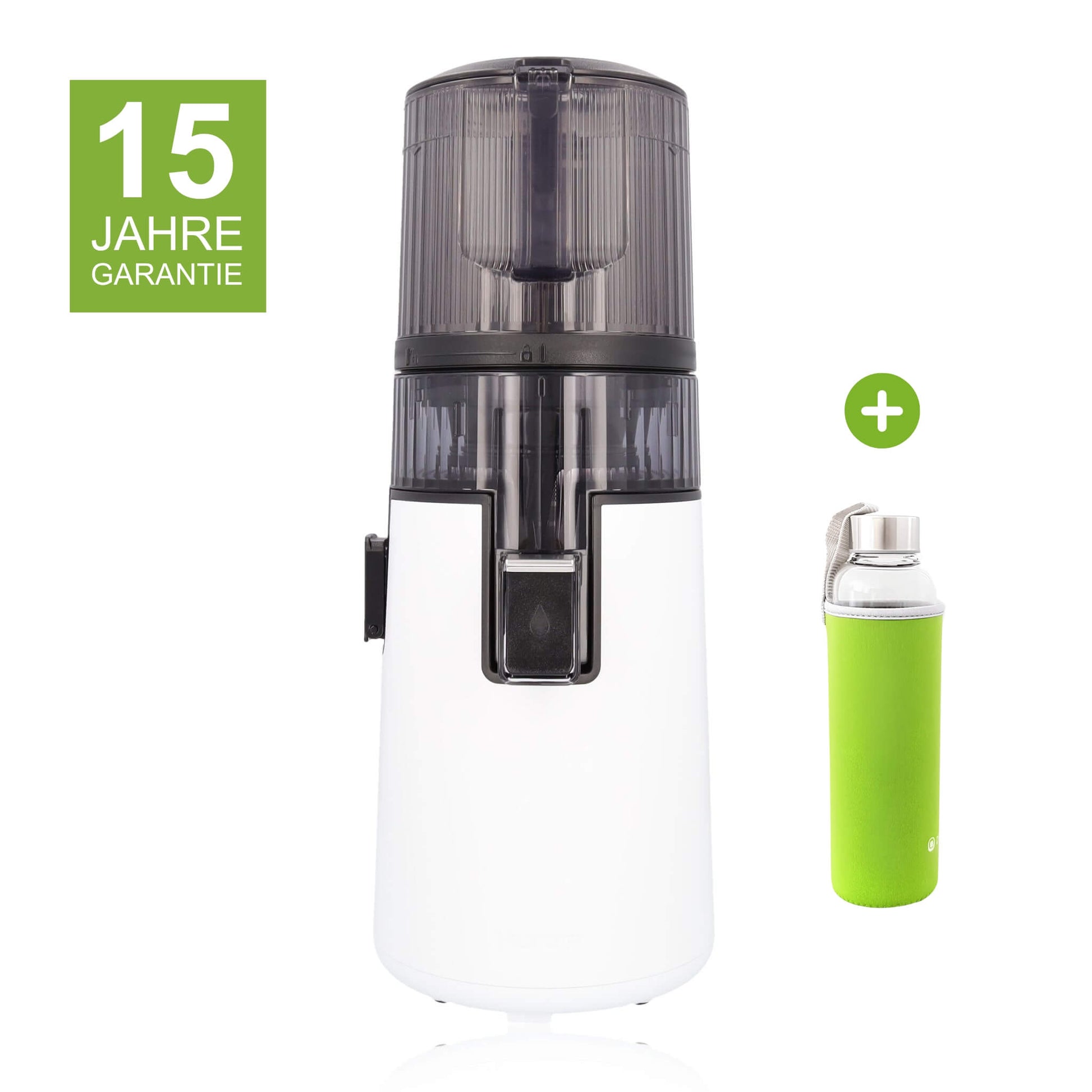 Hurom H70-FT in Weiß mit 15 Jahren Garantie und einer Glasflasche mit grünem Neopren-Sleeve als Gratisbeigabe
