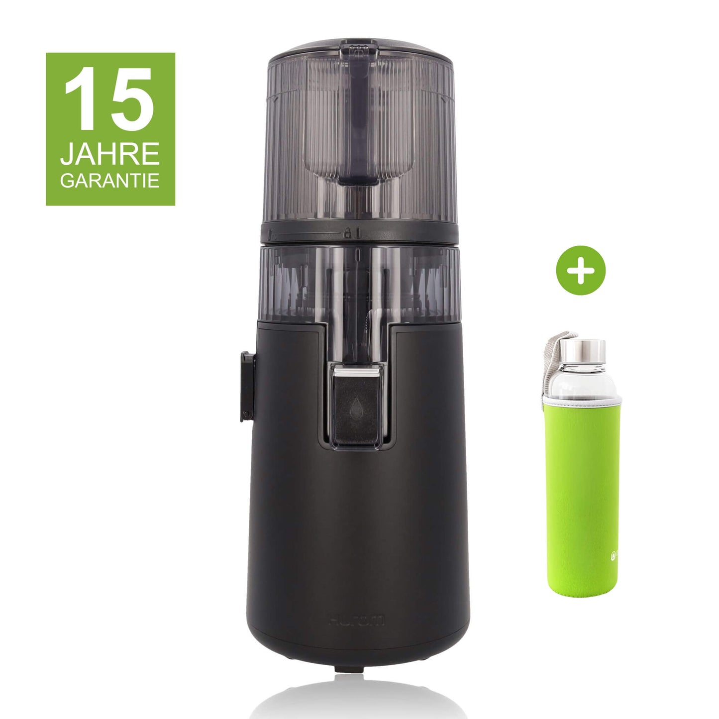 Hurom H70-ST in Matt Schwarz mit 15 Jahren Garantie und einer Glasflasche mit grünem Neopren-Sleeve als Gratisbeigabe