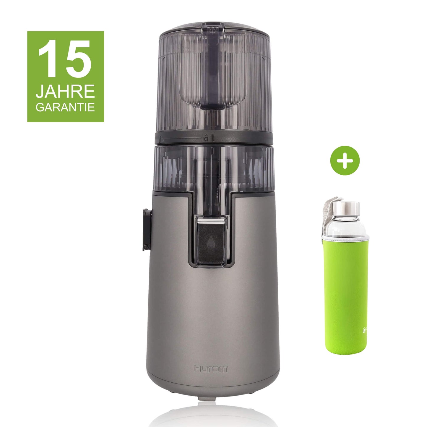 Hurom H70-ST in Weiß mit 15 Jahren Garantie und Glasflasche mit grünem Neopren-Sleeve als Gratisbeigabe