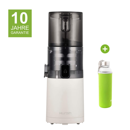 Hurom E30-ST in Weiß mit 10 Jahren Garantie und einer Glasflasche mit grünem Neopren-Sleeve als Gratisbeigabe