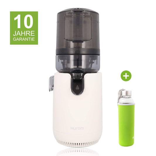 Hurom E50-ST in Weiß mit 10 Jahren Garantie und einer Glasflasche mit grünem Neopren-Sleeve als Gratisbeigabe