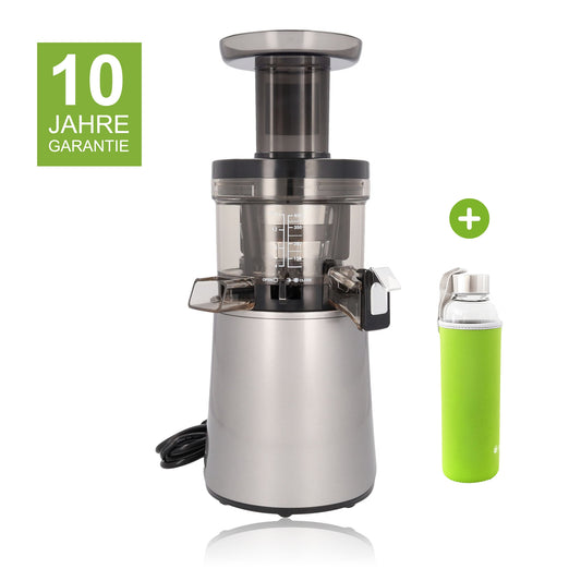 Hurom H-AA mit 10 Jahren Garantie und einer Glasflasche mit grünem Neopren-Sleeve als Gratisbeigabe
