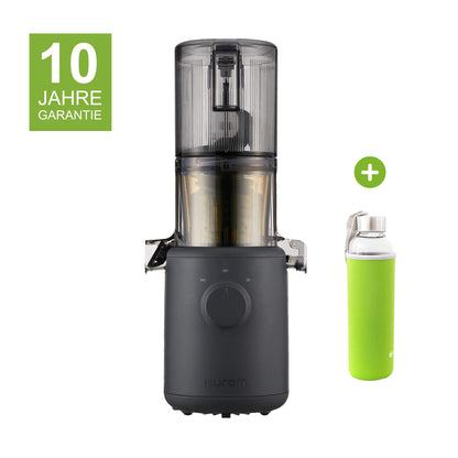 Hurom H310A in Schwarz mit 10 Jahren Garantie und Glasflasche mit grünem Neopren-Sleeve als Gratisbeigabe