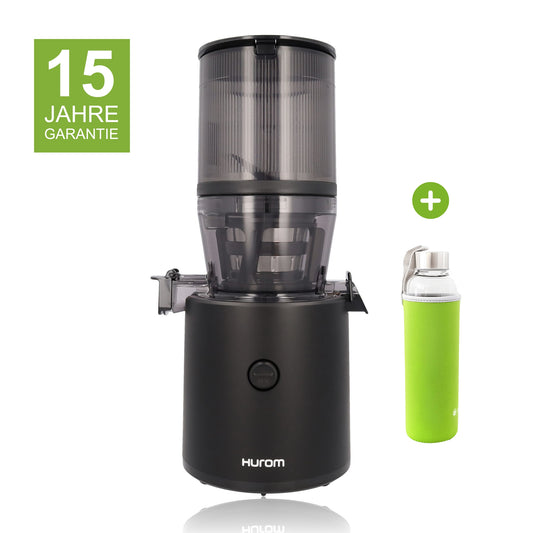 Hurom H320N in Schwarz mit 15 Jahren Garantie und einer Glasflasche mit grünem Neopren-Sleeve als Gratisbeigabe