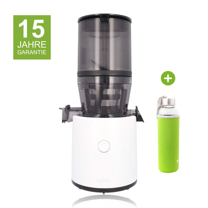 Hurom H320N in Weiß mit 15 Jahren Garantie und einer Glasflasche mit grünem Neopren-Sleeve als Gratisbeigabe