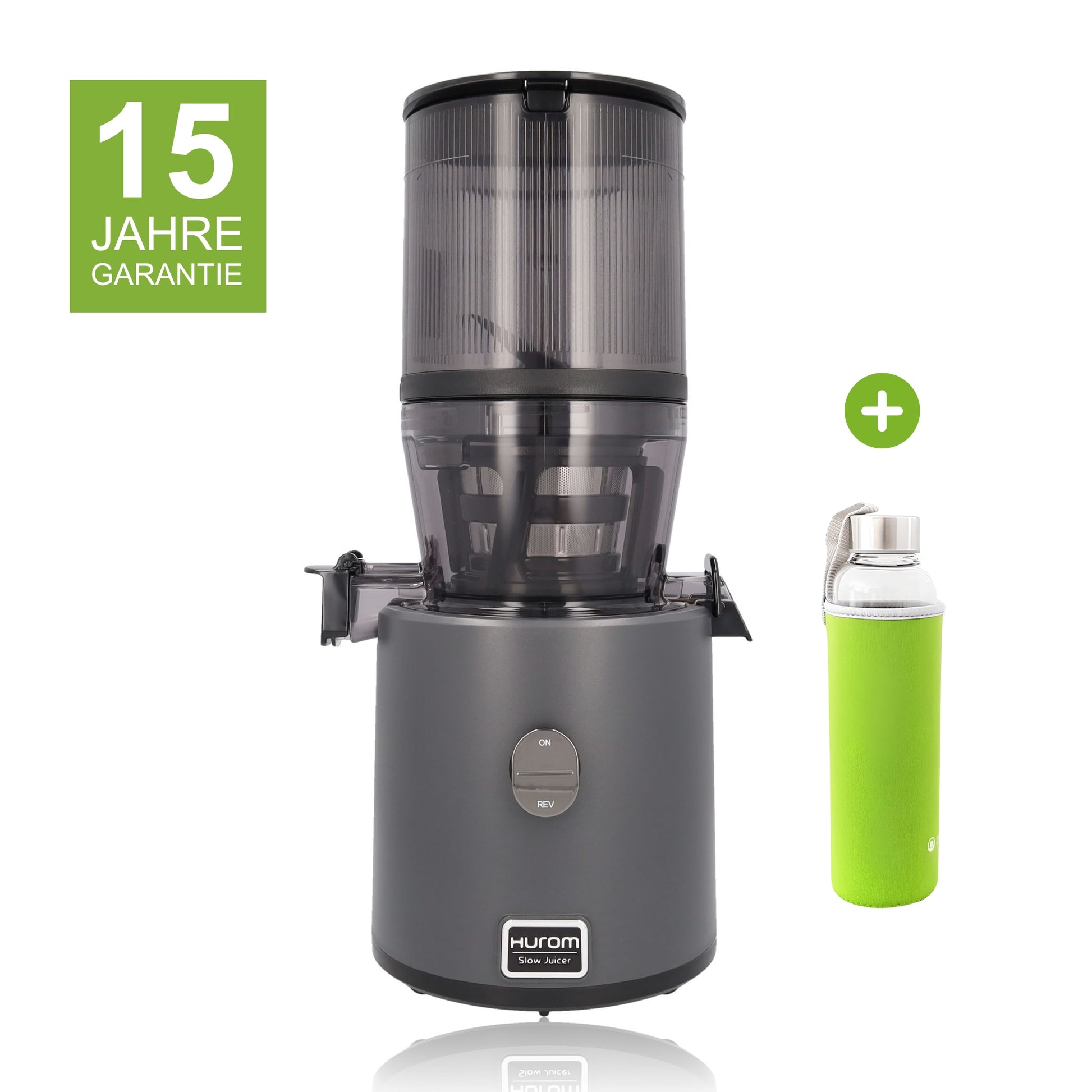Hurom H330P in Anthrazit mit 15 Jahren Garantie und einer Glasflasche mit grünem Neopren-Sleeve als Gratisbeigabe
