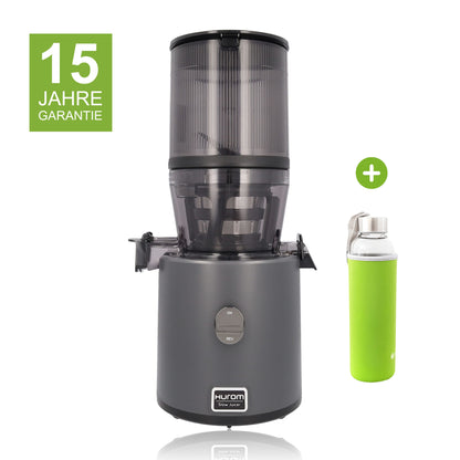 Hurom H330P in Anthrazit mit 15 Jahren Garantie und einer Glasflasche mit grünem Neopren-Sleeve als Gratisbeigabe
