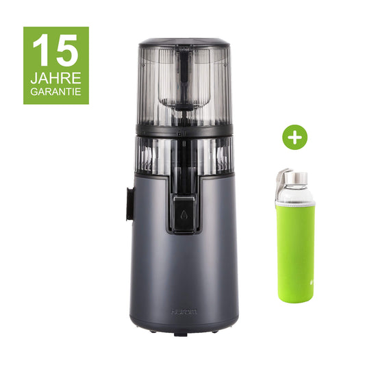 Hurom H70-FT in Grau mit 15 Jahren Garantie und einer Glasflasche mit grünem Neopren-Sleeve als Gratisbeigabe