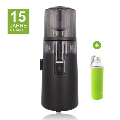 Hurom H70-ST in Matt Schwarz mit 15 Jahren Garantie und einer Glasflasche mit grünem Neopren-Sleeve als Gratisbeigabe