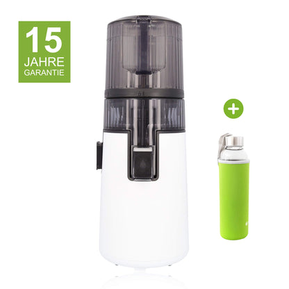 Hurom H70-ST in Weiß mit 15 Jahren Garantie und Glasflasche mit grünem Neopren-Sleeve als Gratisbeigabe