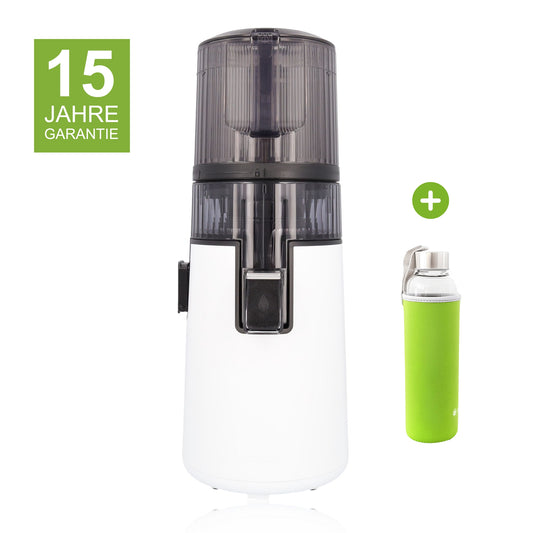 Hurom H70-ST in Weiß mit 15 Jahren Garantie und Glasflasche mit grünem Neopren-Sleeve als Gratisbeigabe