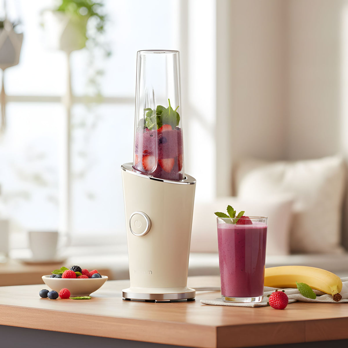 Hurom Mini Mixer in Creme befüllt mit Beerenfrüchte und einem Glas Fruchtsmoothie davor