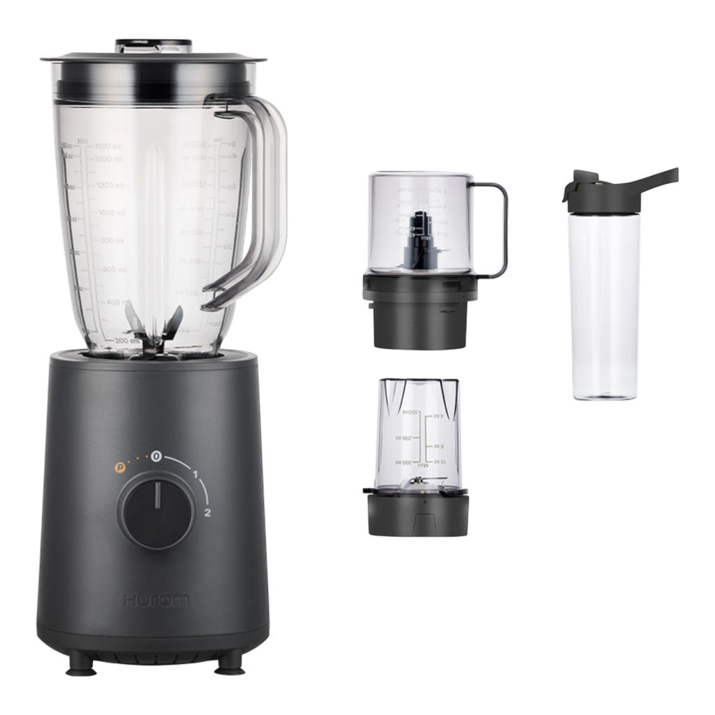 Hurom Standmixer frontal in Milestone Gray mit Lieferumfang